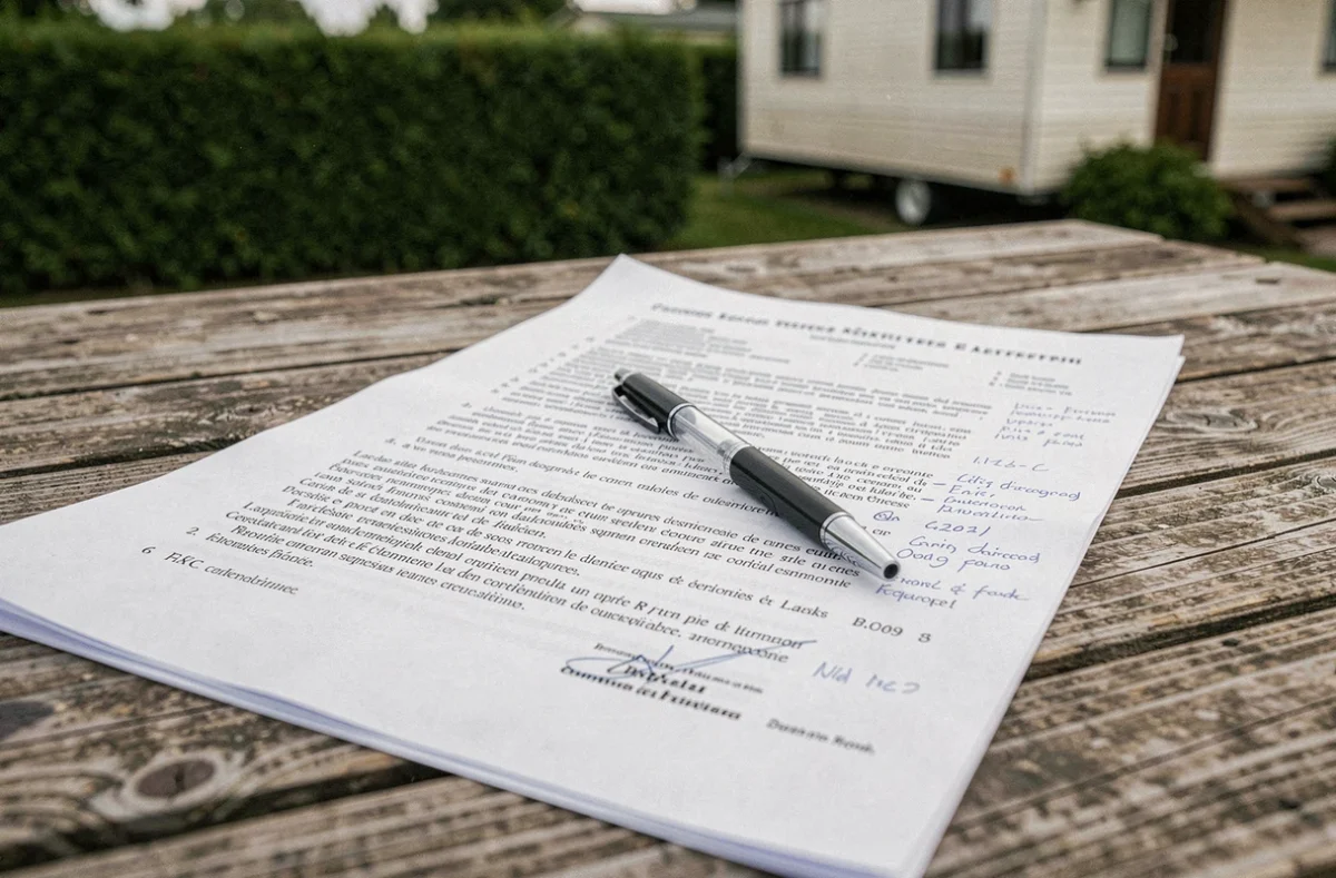 Contrat de bail d'une parcelle de terrain avec mobil-home en Vendée posé sur une table en bois avec annotations manuscrites