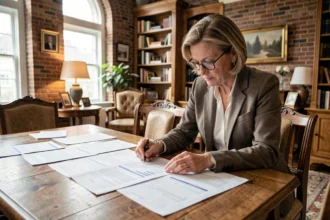 Propriétaire examinant un contrat de location de maison pour tournage cinématographique