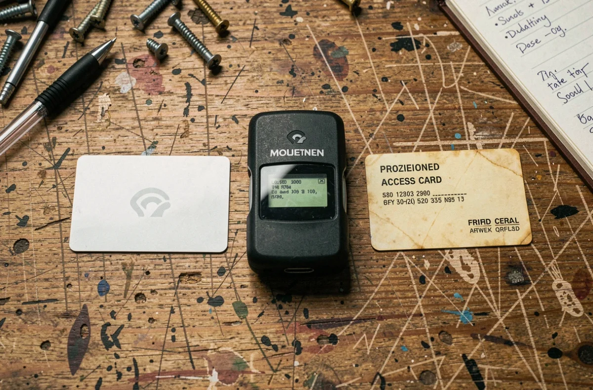 Badge de contrôle d'accès original et copie clonée posés côte à côte sur un établi avec un duplicateur RFID