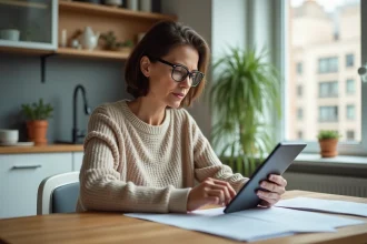 Copropriétaire consultant l'application Urbamate sur une tablette dans sa cuisine moderne