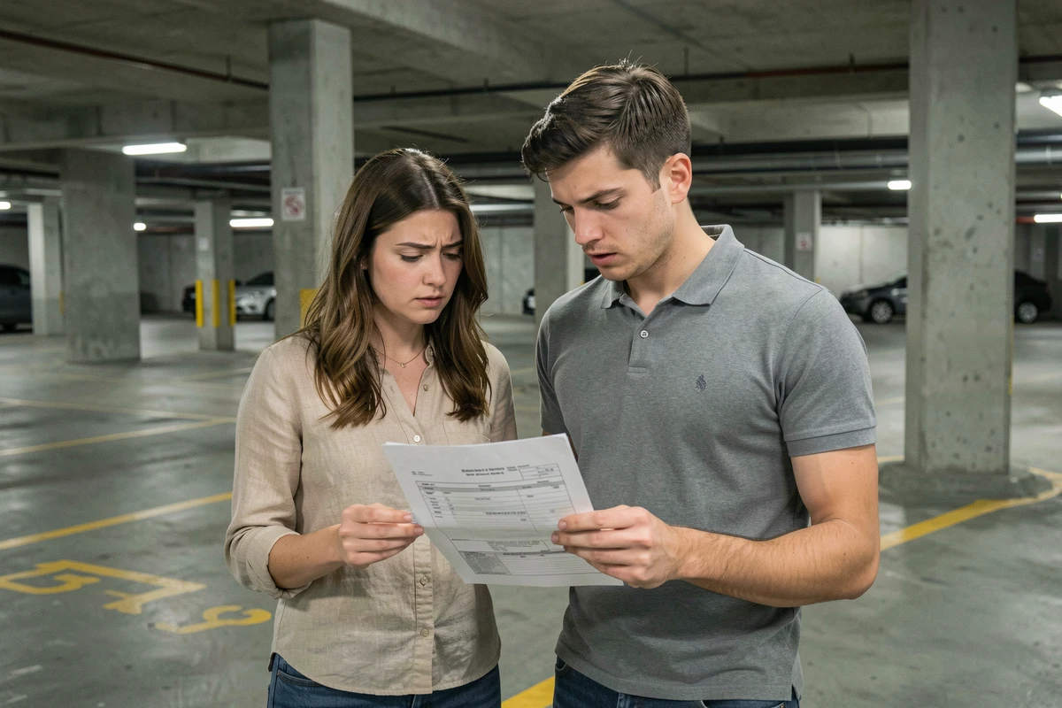 Couple examinant un devis d'achat de place de parking dans un parking souterrain en béton