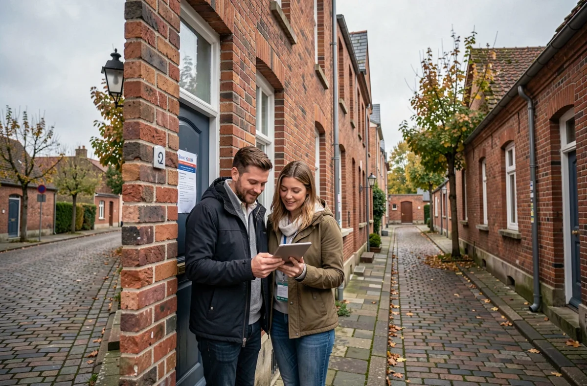 Couple consultant une offre d'assurance habitation en ligne devant une maison en briques à Douai