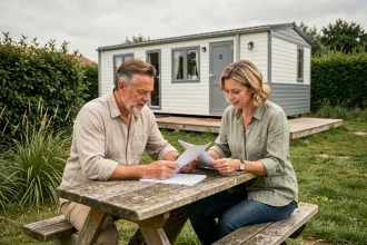 Couple examinant les clauses d'un bail immobilier devant un mobil-home sur une parcelle de terrain en Vendée