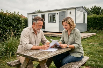 Couple examinant les clauses d'un bail immobilier devant un mobil-home sur une parcelle de terrain en Vendée