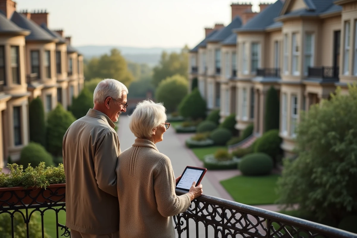 Couple âgé admirant la vue sur avenue bordée de maisons anciennes