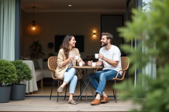 Couple souriant profitant d'un café dans un appartement moderne