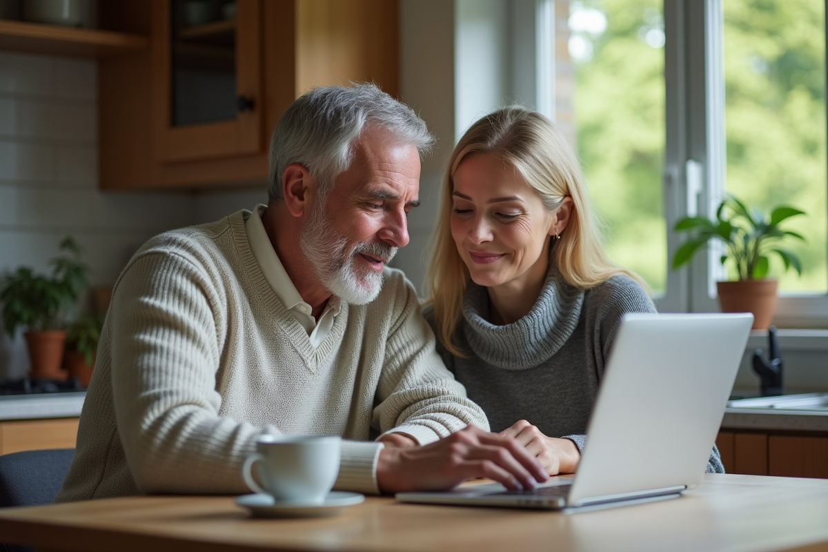 Couple à la maison vérifiant des calculs financiers sur un ordinateur