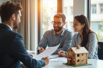 Jeune couple avec conseiller financier dans un bureau lumineux