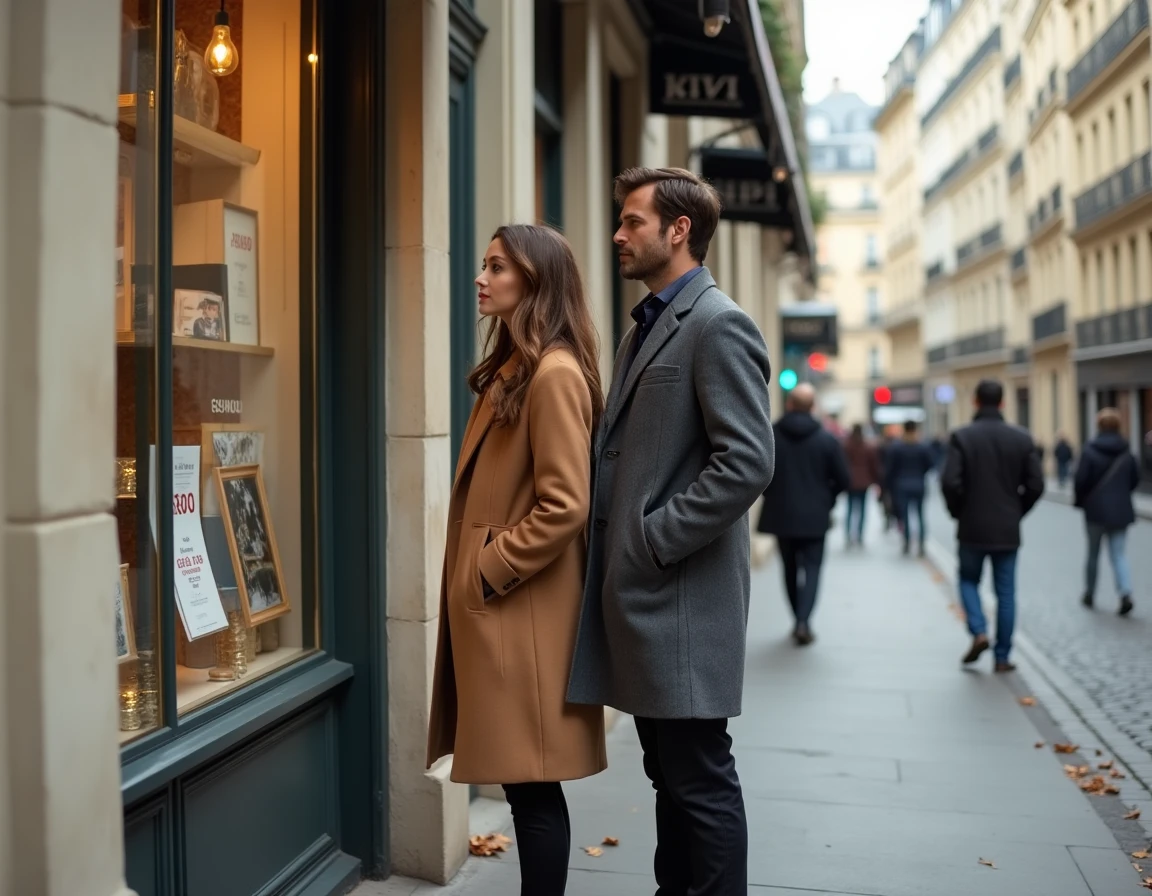 Couple parisien consultant les annonces immobilières en vitrine d'une agence à Paris en automne
