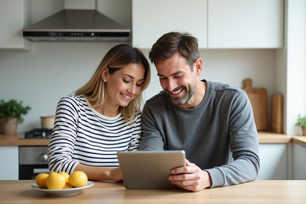 Couple consultant un document locatif sur tablette dans une cuisine moderne via l'espace client MyFoncia