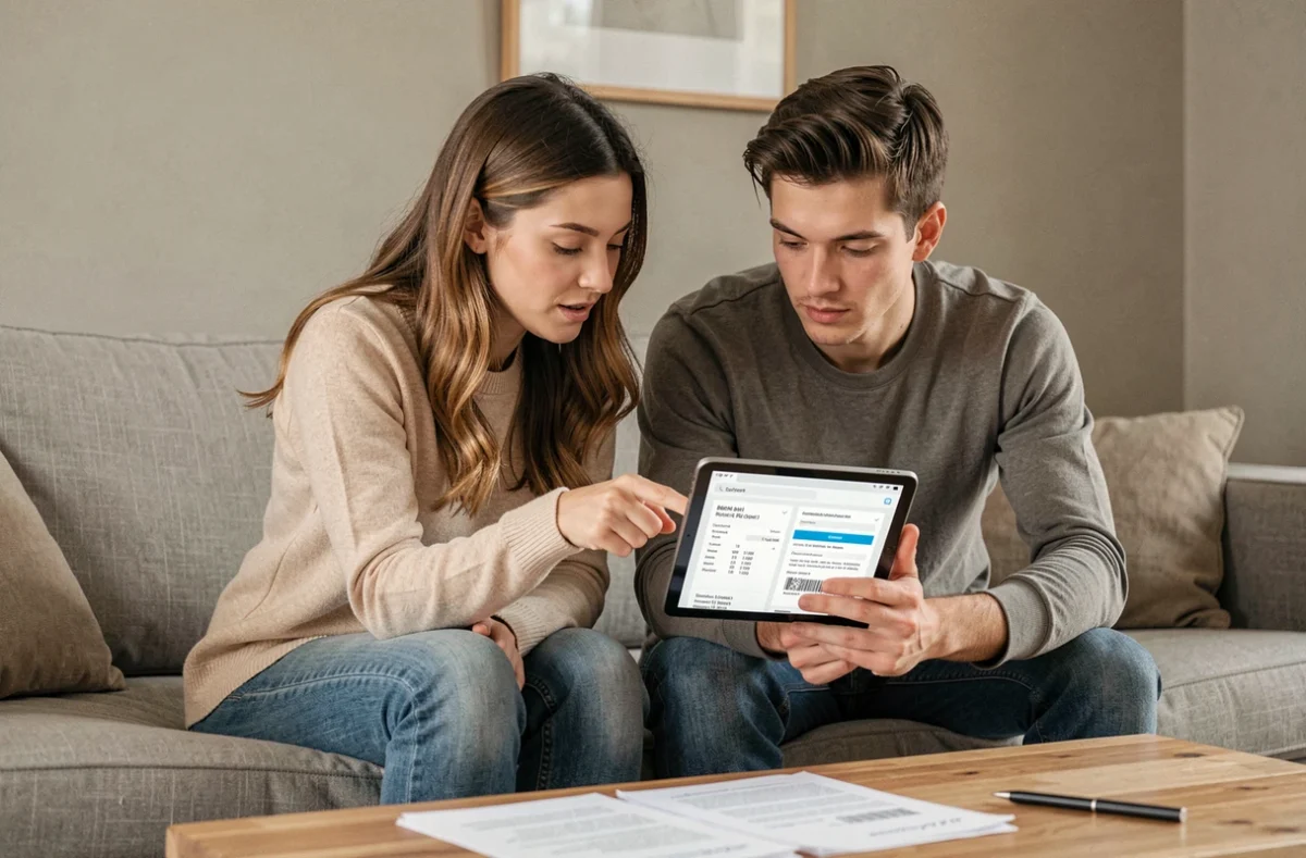 Couple consultant et téléchargeant leurs justificatifs de location sur MyFoncia via une tablette
