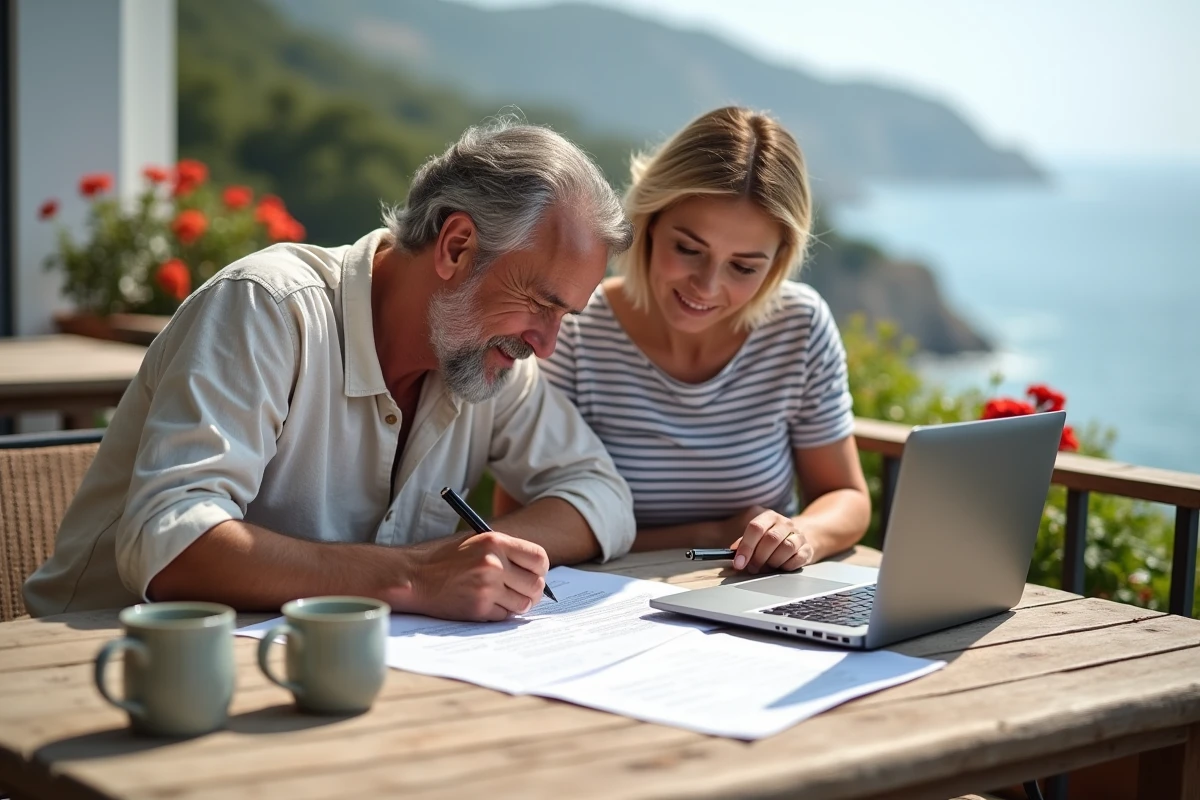 Couple en train de signer un contrat de location pour une maison plain-pied en bord de mer
