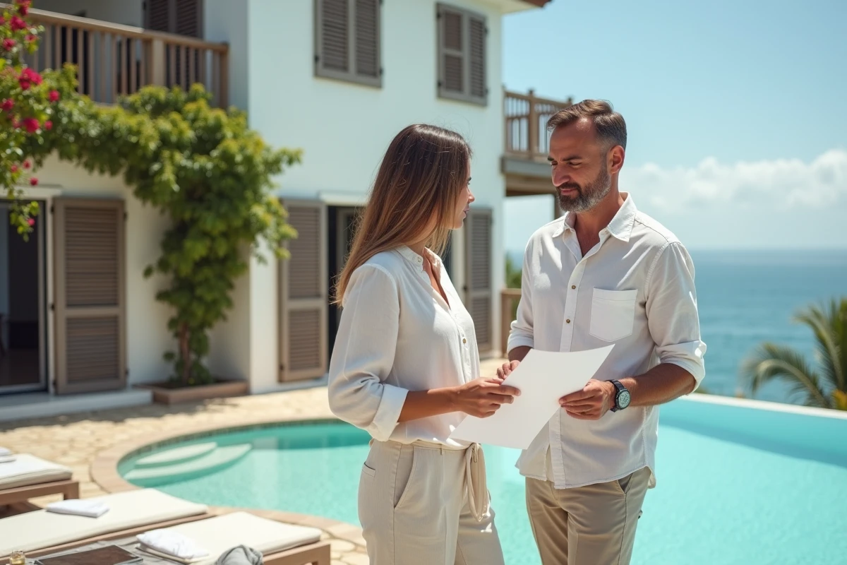 Couple vérifiant un contrat de location de villa à Saint-Barthélemy pour éviter les faux avis et arnaques