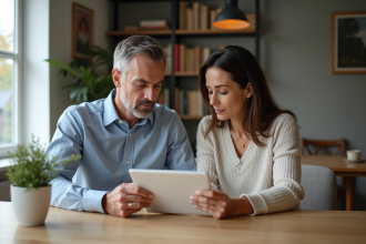 Couple d'adultes examinant des documents de prêt immobilier à la maison