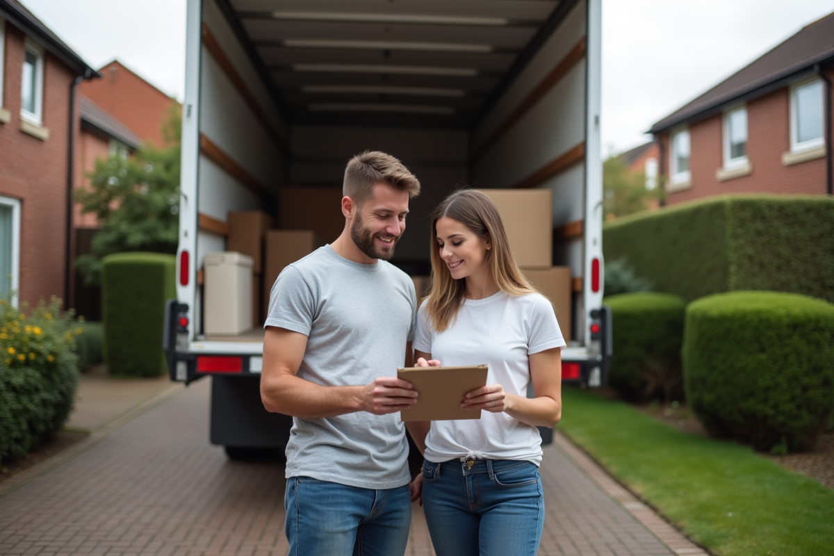 Couple regardant une checklist devant un camion de déménagement