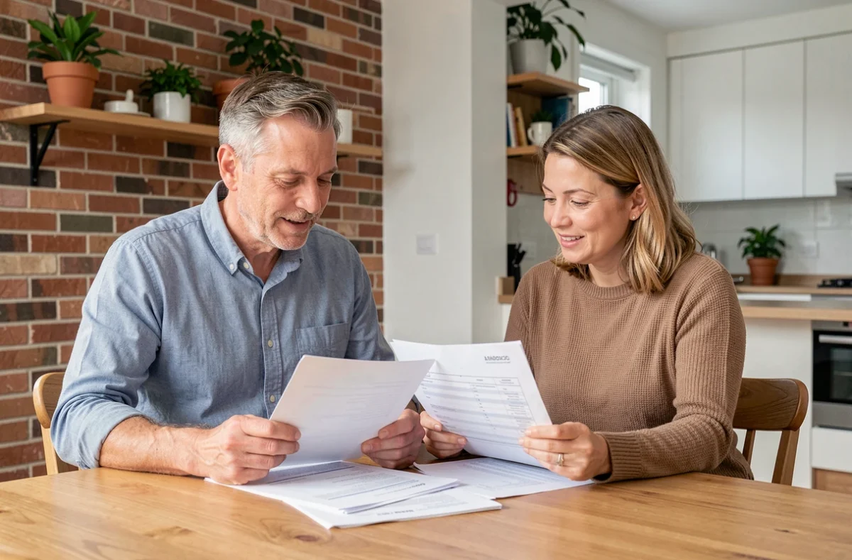 Couple examinant des documents d'estimation immobilière à leur domicile contemporain