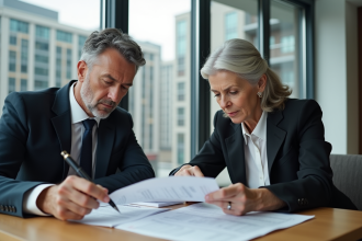 Couple sérieux examinant documents fiscaux en ville