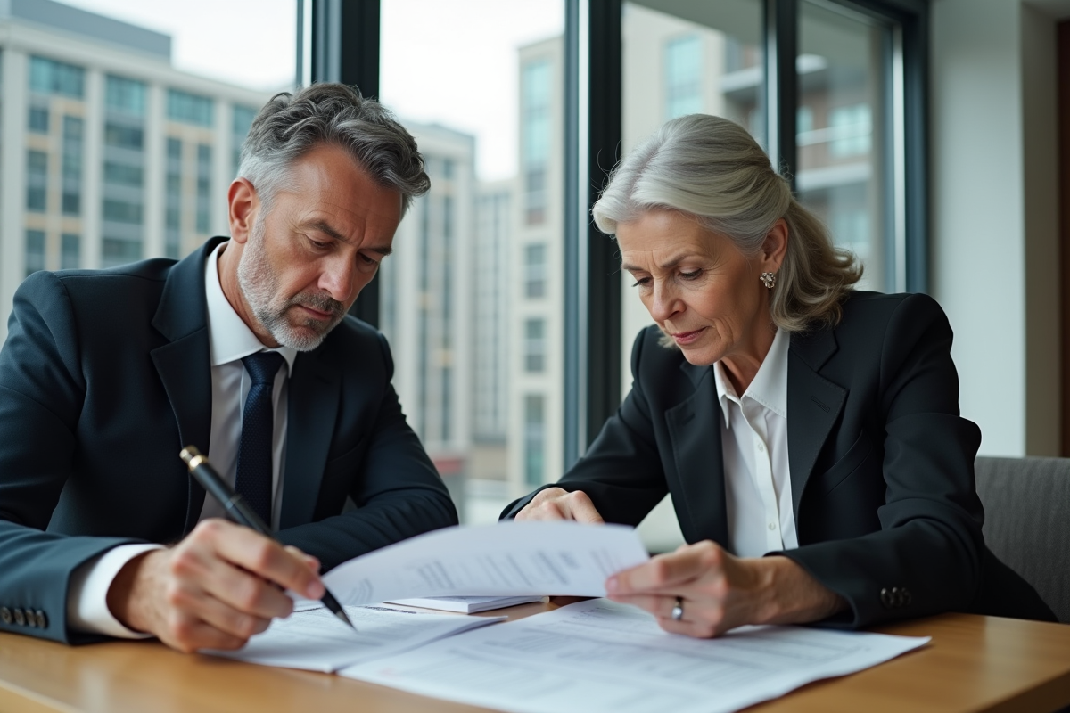 Couple sérieux examinant documents fiscaux en ville