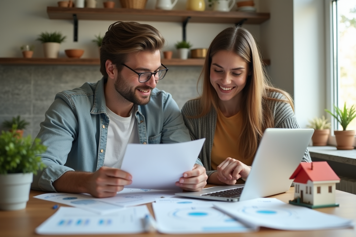 Jeune couple analysant des papiers avec graphique immobilier