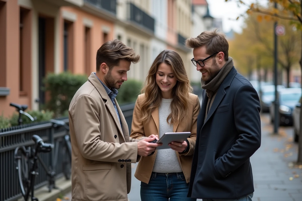 Jeune couple et agent immobilier consultent un graphique à Lyon