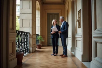 Couple examinant les détails architecturaux d'un hall d'entrée haussmannien avec parquet en point de Hongrie et rampe en fer forgé