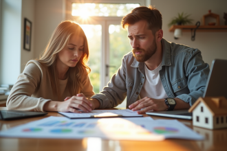 Jeune couple inquiet examinant documents immobiliers