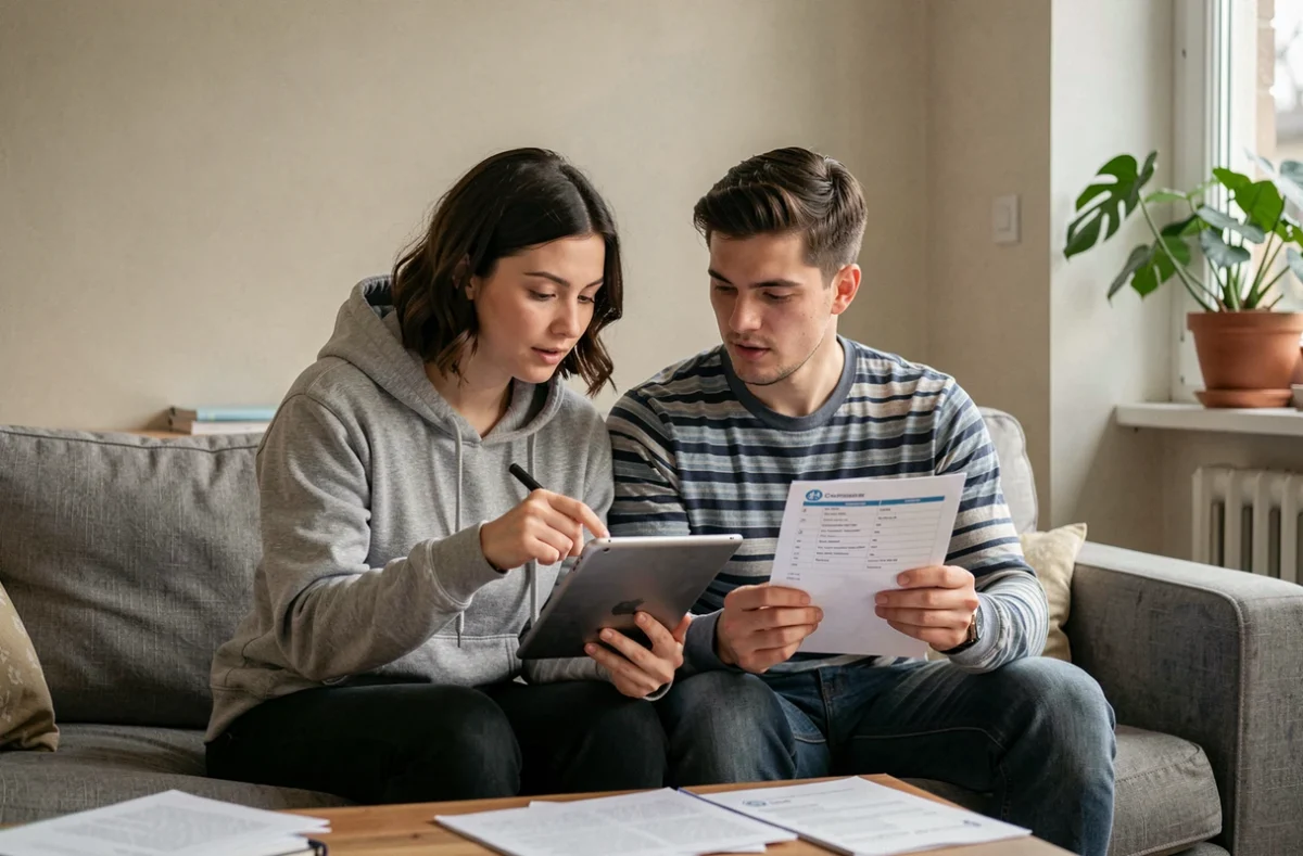 Couple parcourant ensemble les étapes d'inscription sur LOC'annonces Paris avec une tablette et des documents imprimés sur un canapé