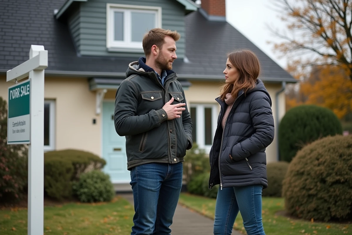 Jeune couple devant une maison en vente avec panneau 