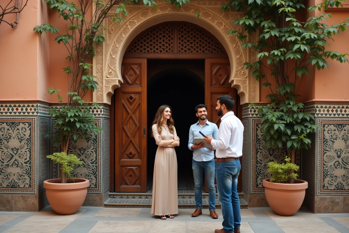 Jeune couple marocain devant une porte de riad à Marrakech