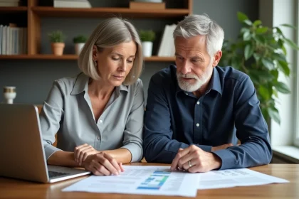Couple de parents investisseurs étudiant des documents immobiliers pour une SCI familiale à la maison