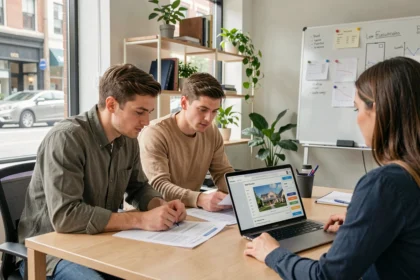 Jeune couple consultant un conseiller immobilier dans un bureau moderne pour leur premier achat immobilier via une plateforme en ligne