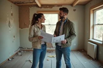 Couple examinant les documents d'une proposition d'achat dans une maison à rénover avec murs abîmés