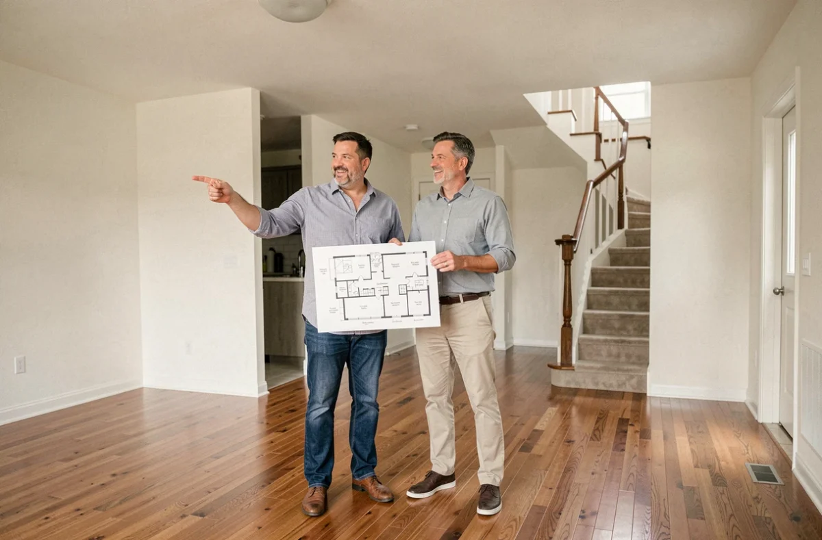 Couple de nouveaux propriétaires examinant les plans de leur maison pour estimer le coût de l'assurance habitation