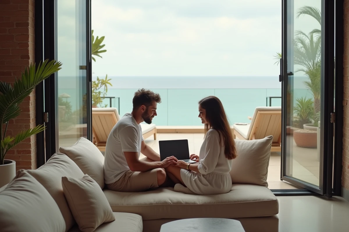 Couple recherchant un appartement en location à Barcelone avec terrasse et vue mer depuis un intérieur moderne