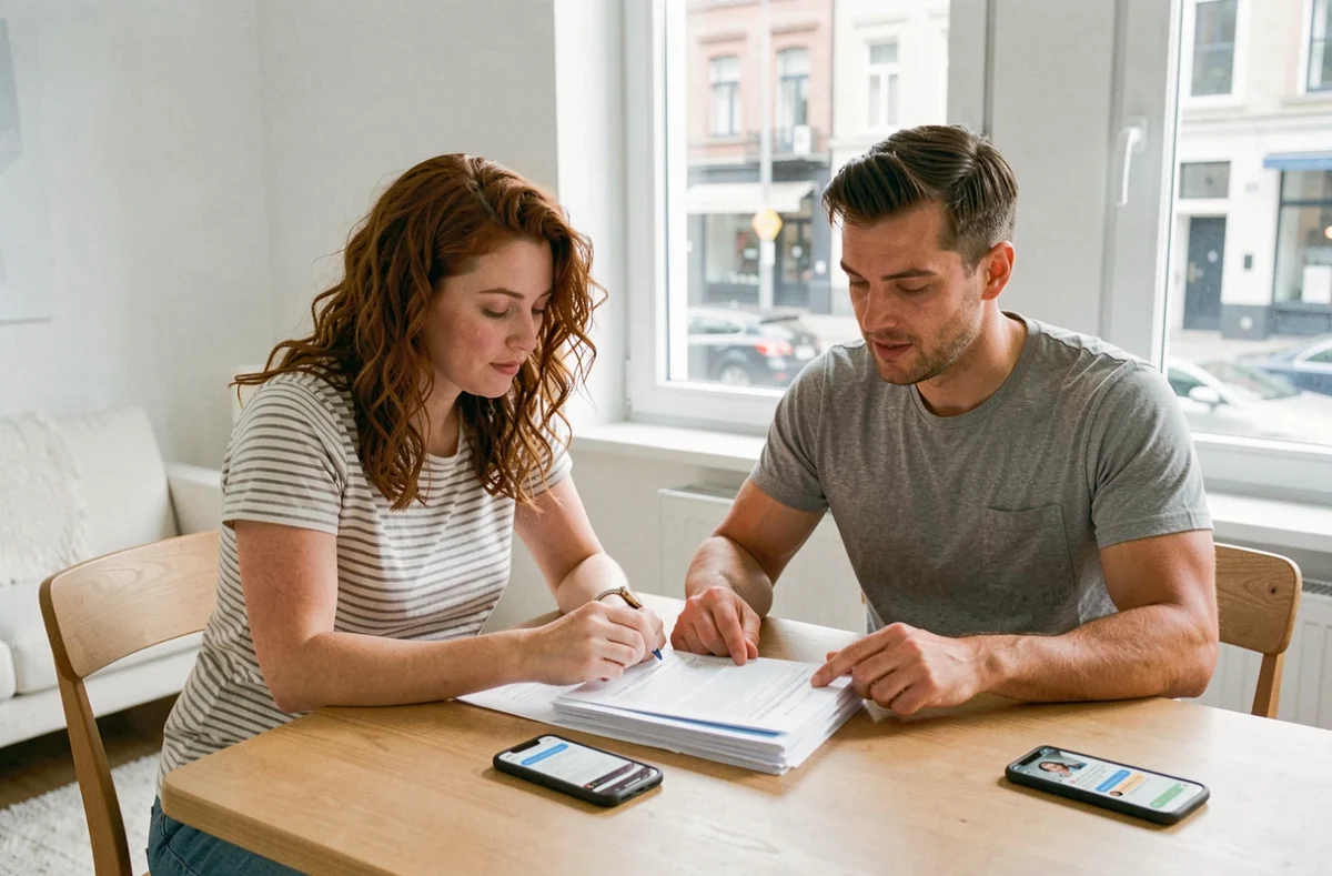 Couple examinant les documents pour résilier leur assurance habitation après un changement de situation