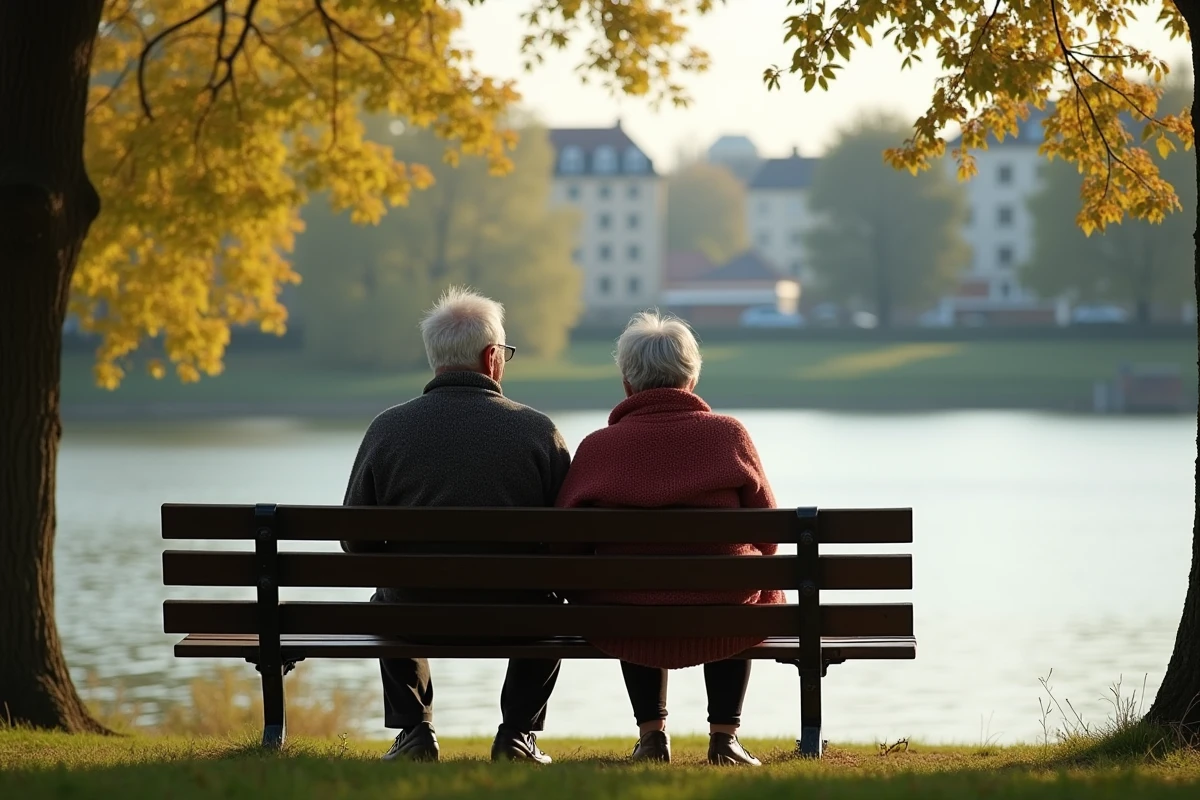 Couple retraité assis sur un banc au bord de la Marne