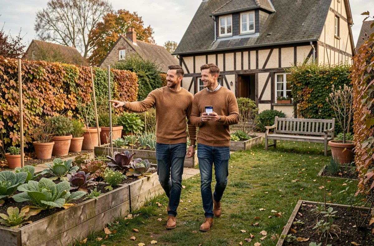 Couple visitant le jardin d'une maison à louer en Seine-Maritime en automne
