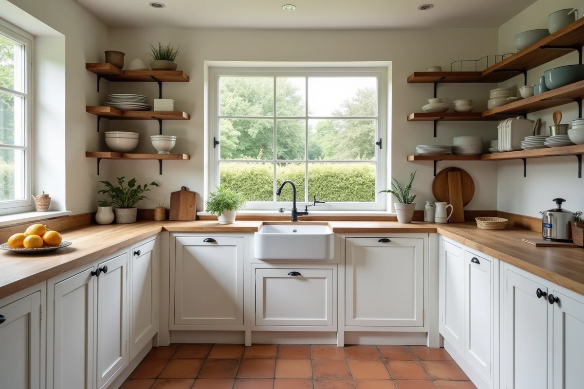 Cuisine rénovée d'une maison en vente urgente dans la Manche avec meubles blancs, évier de ferme et carrelage en terre cuite