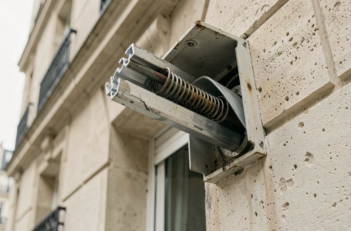Détail du mécanisme cassé d'un volet roulant avec ressort et lames endommagés