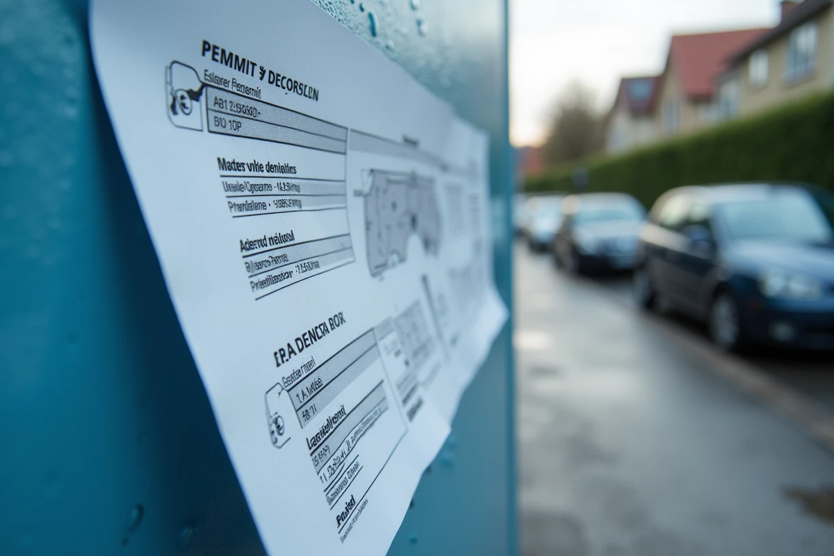 Détail des mentions obligatoires sur un panneau de déclaration préalable de travaux avec numéro de dossier et plan cadastral