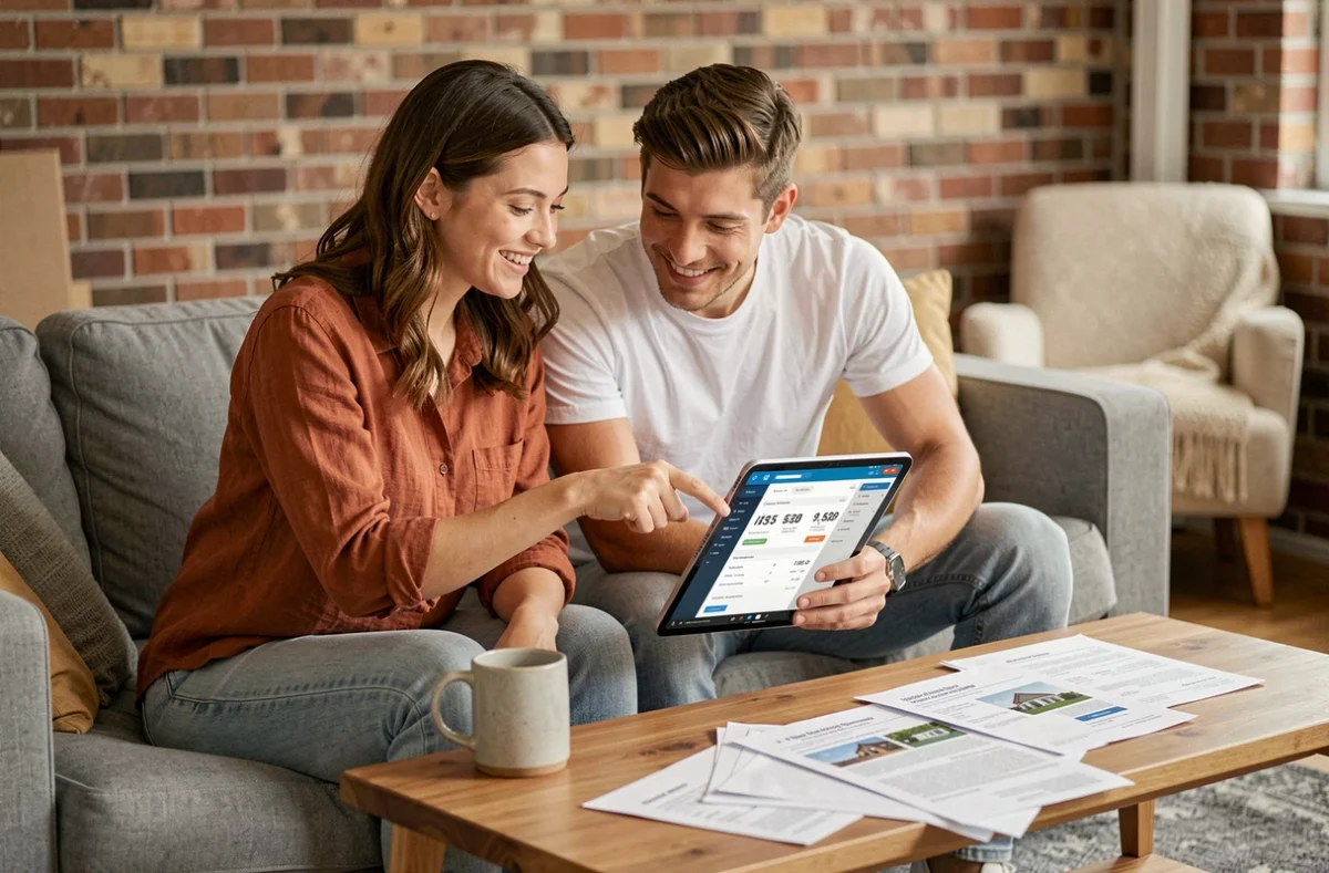 Couple comparant des devis assurance habitation en ligne sur une tablette dans leur salon