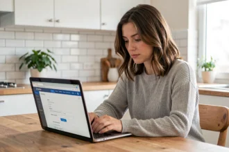Femme demandant un devis assurance habitation en ligne sur son ordinateur portable dans une cuisine moderne