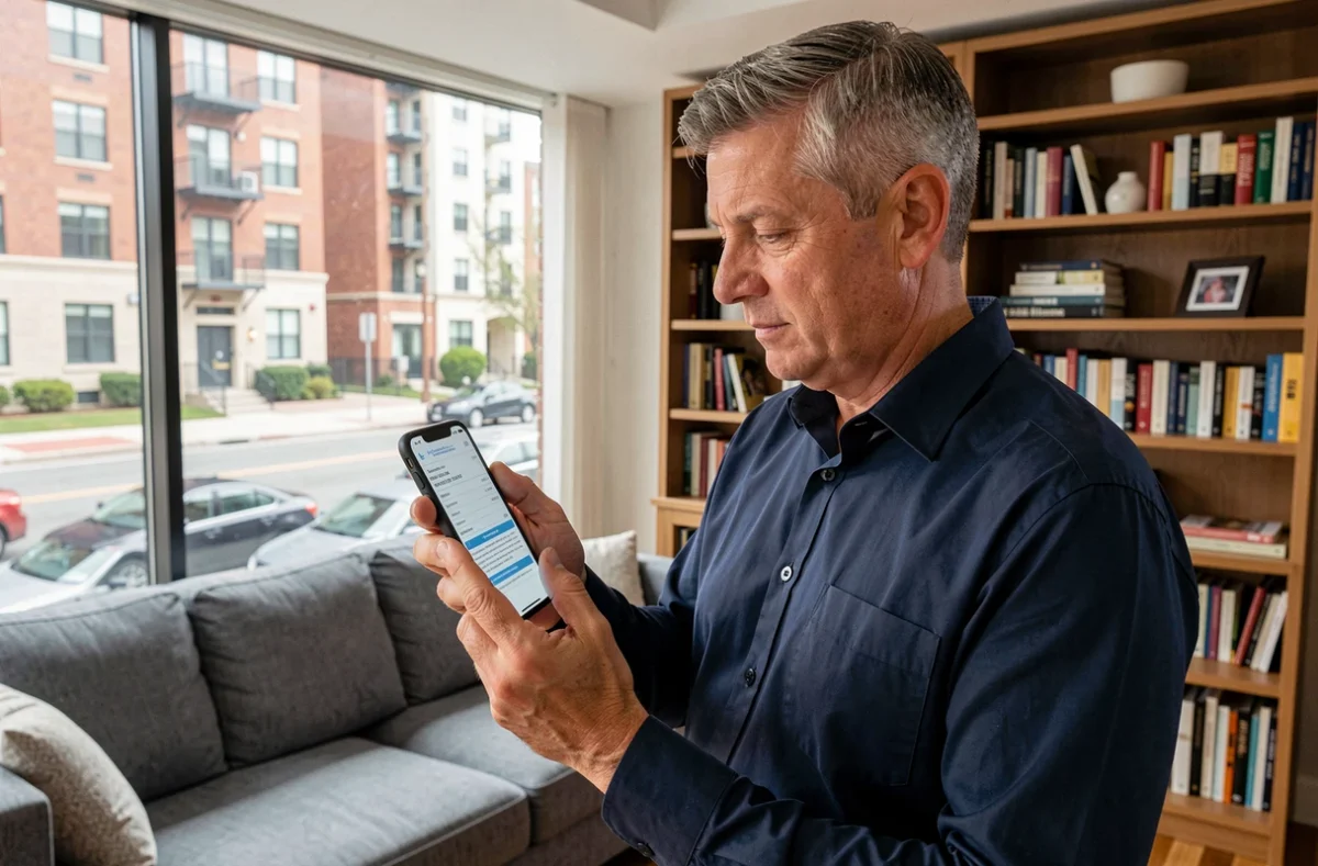 Homme consultant un devis assurance habitation sur smartphone dans un salon avec vue sur la ville