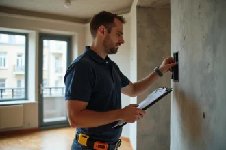 Diagnostiqueur immobilier examinant un appartement vide lors d'un diagnostic locatif officiel