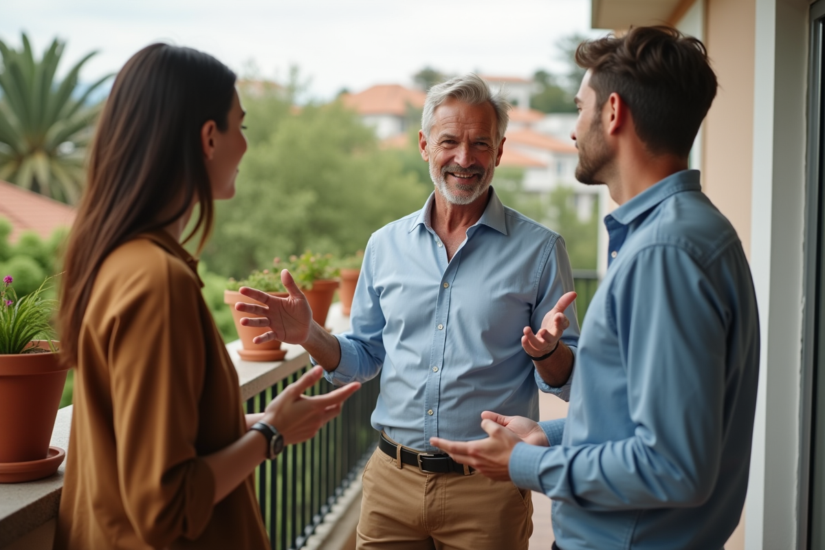 Homme discutant avec un couple sur un balcon en quartier résidentiel