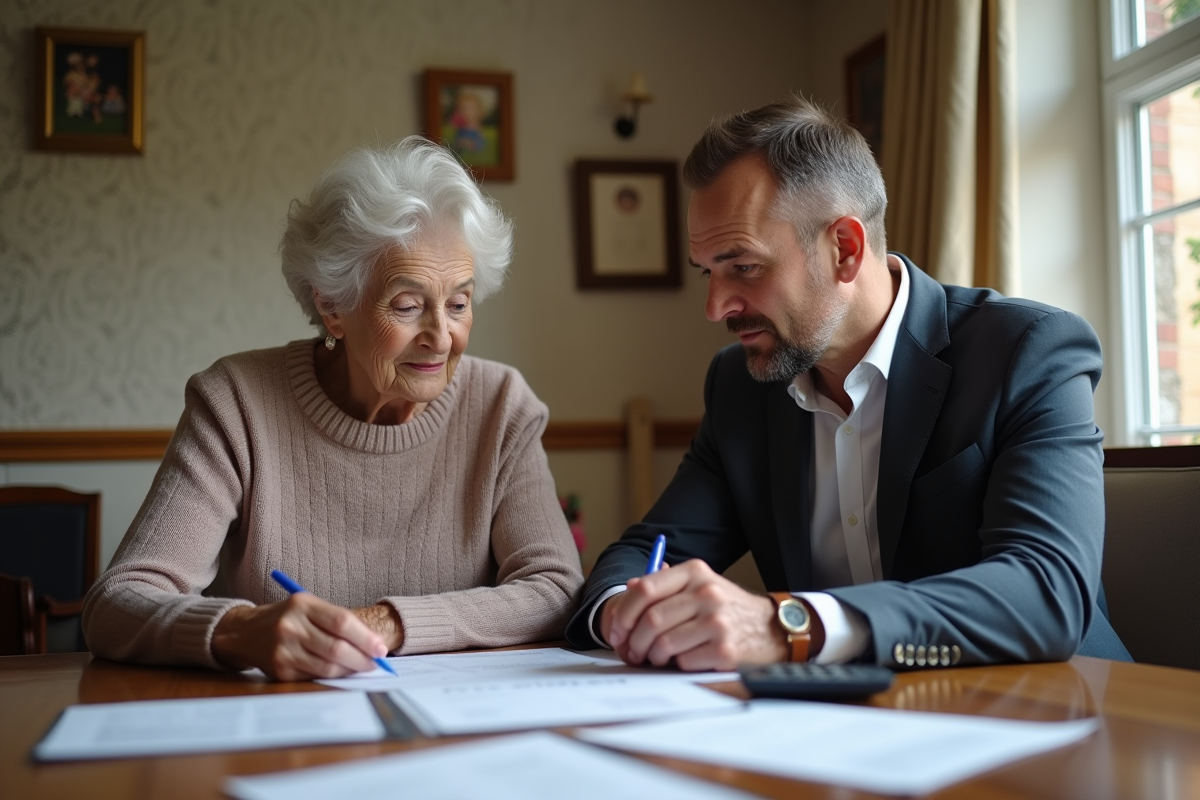 Femme âgée et jeune homme discutant de documents dans une salle à manger