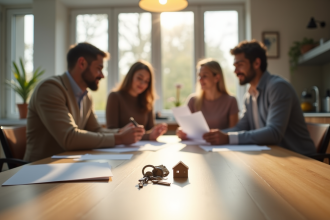 Groupe de personnes discutant de documents dans une cuisine lumineuse