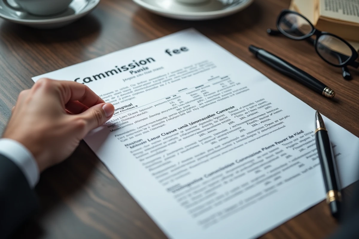 Détail d'un document de frais d'honoraires immobiliers à la charge du vendeur sur un bureau professionnel