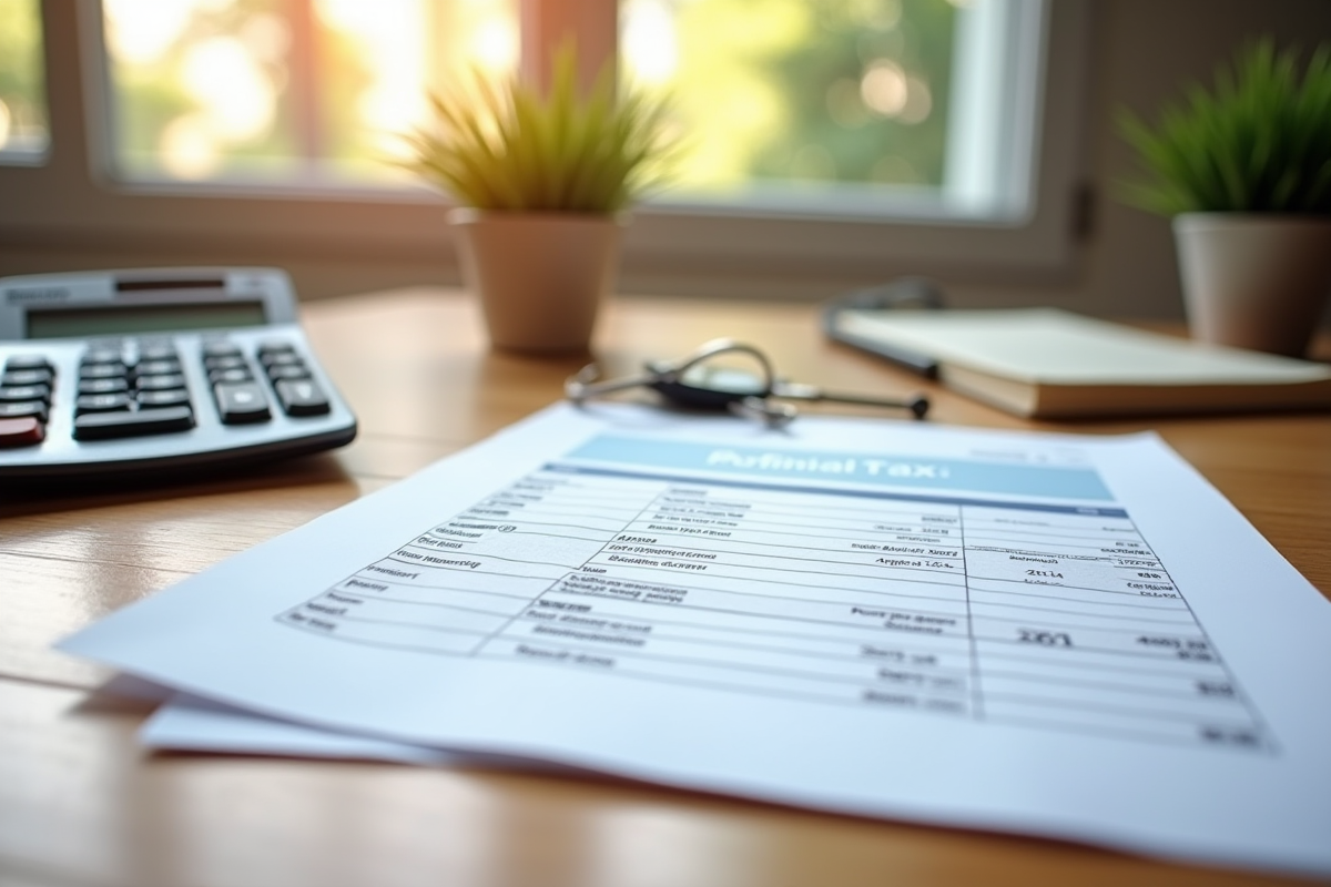 Documents fiscaux de location avec calculatrice sur un bureau ensoleille