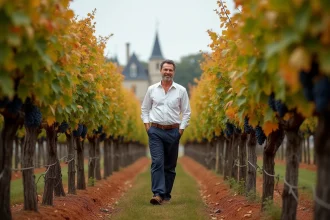 Propriétaire d'un domaine viticole bordelais marchant entre les rangées de vignes en automne avec un château en arrière-plan
